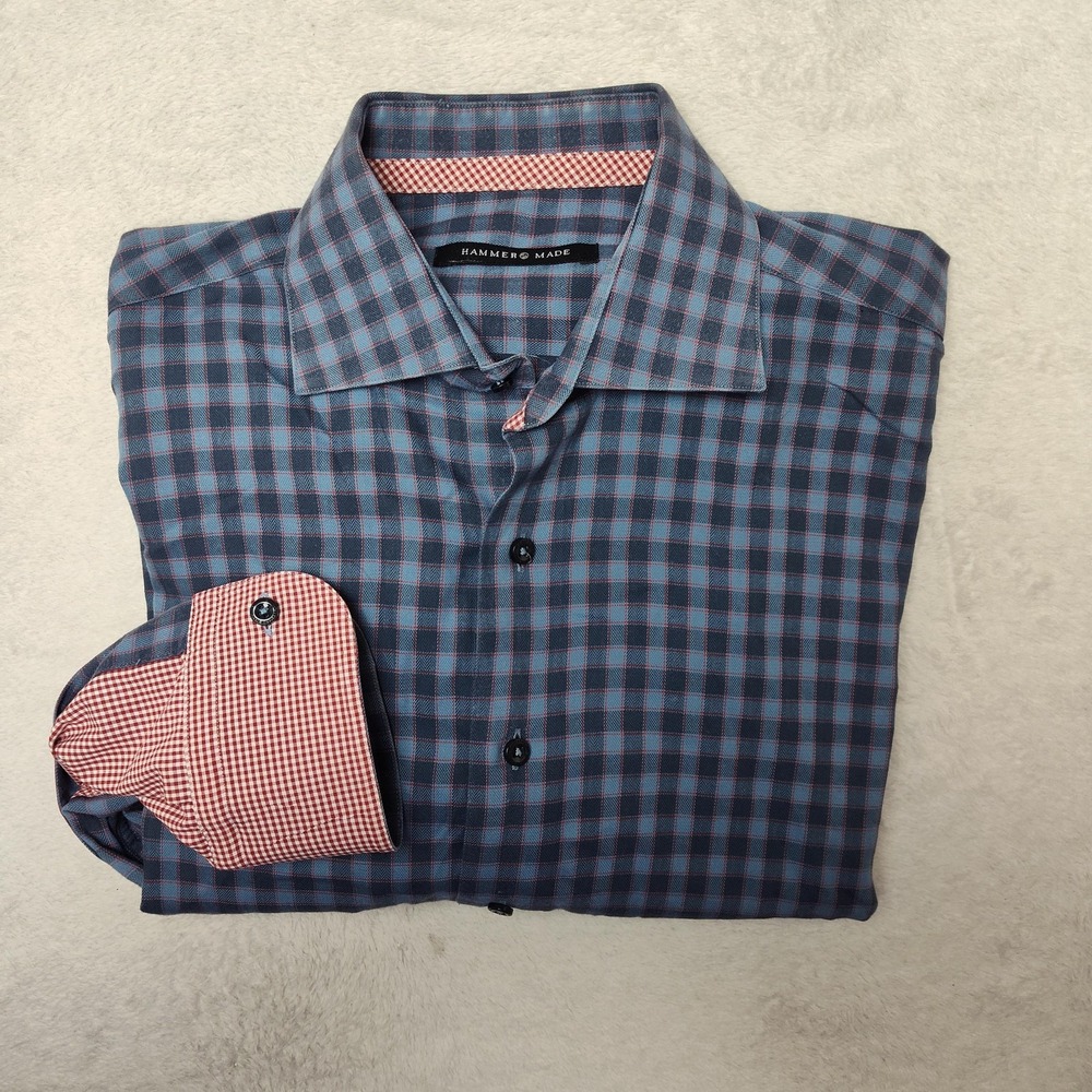 Hammer Made Shirt Mens 15.5 Blue Check Button-Up Twill Spread Flip Cuff Work